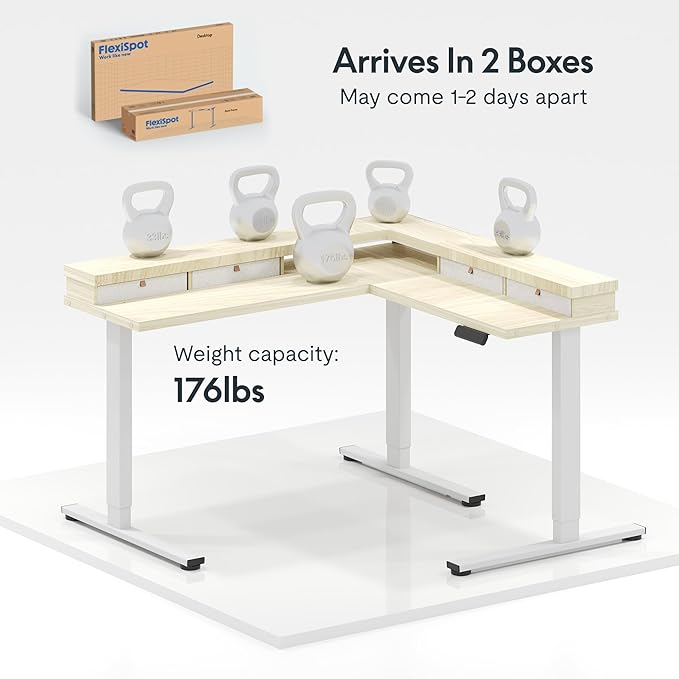 FLEXISPOT 71" L Shaped Standing Desk Electric Corner Table with Shelf, 4 Storage Drawers, Adjustable Computer Workstation for Home, Office, Game, Studio, USB Charger, Light Maple Top + White Frame