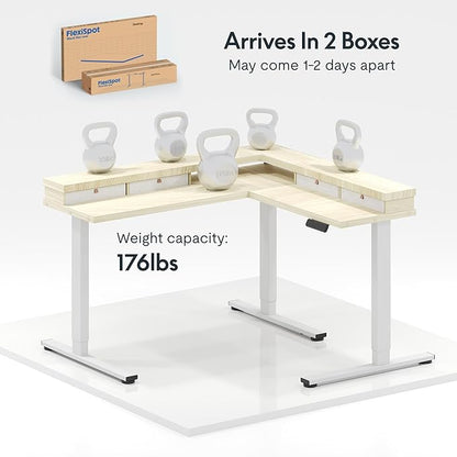 FLEXISPOT 71" L Shaped Standing Desk Electric Corner Table with Shelf, 4 Storage Drawers, Adjustable Computer Workstation for Home, Office, Game, Studio, USB Charger, Light Maple Top + White Frame