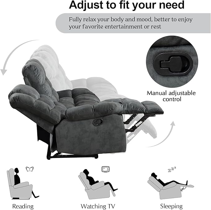 CANMOV Manual Reclining Sofa, 3 Seat Recliner Sofa with Armrest and Overstuffed Backrest, Couch Set for Living Room, Bedroom, Office, Grey