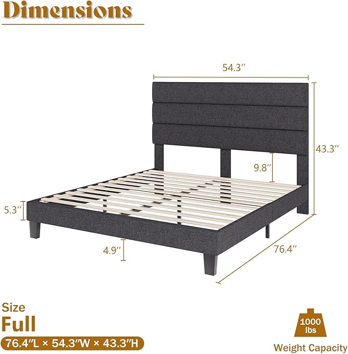 AMERLIFE Full Size Bed Frame with Linen Upholstered Headboard, Modern Platform Bed with Wooden Slats Support, Noise-Free, No Box Spring Needed, Easy Assembly, Grey