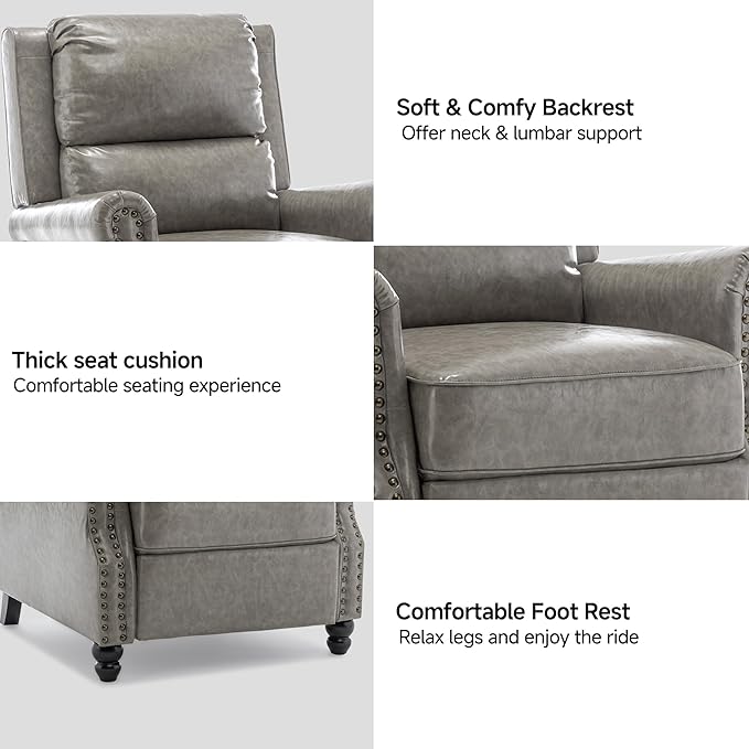 Lumibee Pushback Recliner Chair,Upholstered Wingback Chair for Small Spaces,2 Set of PU Leather Armchair for Living Room,Single Sofa Accent Chair Reading Seat for Balcony,Bedroom-Gray