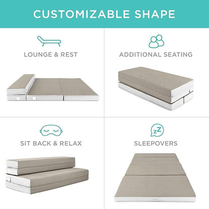 Best Choice Products 4in Portable Full-Size Mattress, Tri-Fold Mattress for Camping, Guest, Toddler, Foam Plush w/Carry Case - Taupe