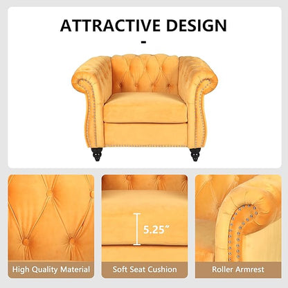 2 Piece Living Room Sofa Set, 3 Seater Velvet Sofa Couch and Chair Set, Mid Century Modern Upholstered Couch with Cushions, Comfy Tufted Chesterfield Couches for Living Room, Bedroom, Office