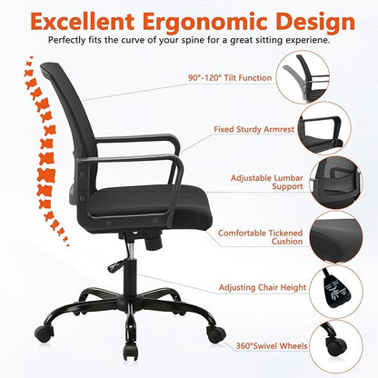 CLATINA Ergonomic Desk Chair, Mid Back Mesh Computer Chair with Lumbar Support and Armrest, Height Adjustable Swivel Chair for Home Office, Black (8PK)