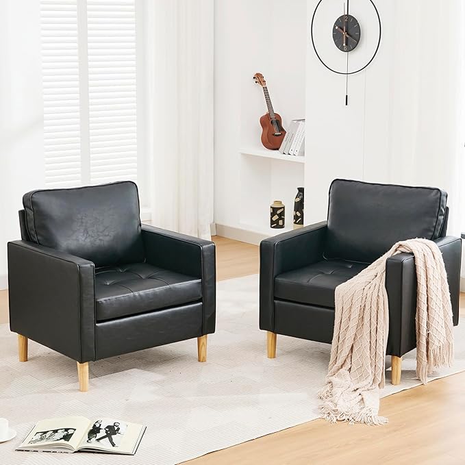 STHOUYN Black Faux Leather Accent Chairs Set of 2 Small Living Room Bedroom Chairs, Comfy Reading Chair Single Sofa for Adults, Suitable Small Spaces Office Couch, Easy Assembly