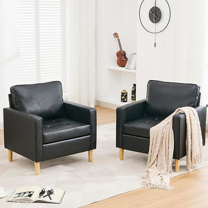 STHOUYN Black Faux Leather Accent Chairs Set of 2 Small Living Room Bedroom Chairs, Comfy Reading Chair Single Sofa for Adults, Suitable Small Spaces Office Couch, Easy Assembly