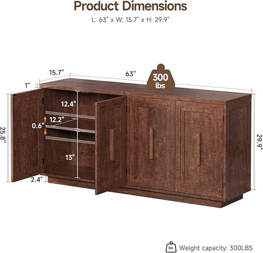 ONBRILL 63 Inches Sideboard Buffet Cabinet with Storage, 4 Doors Large Storage Cabinets with Adjustable Shelves, Modern Sideboard for Kitchen, Living Room, Entryway, Dark Walnut