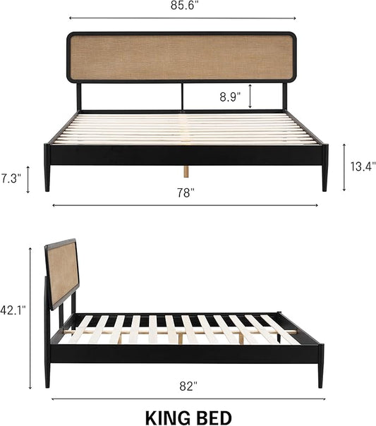 NTC Lupin Wooden Bed Frame with Headboard, Solid Oak and Rubber Wood Foundation with Silent Slats and Wood Central Supports, 1000 Lb Capacity, Effortless Assembly, King - Burnt Black