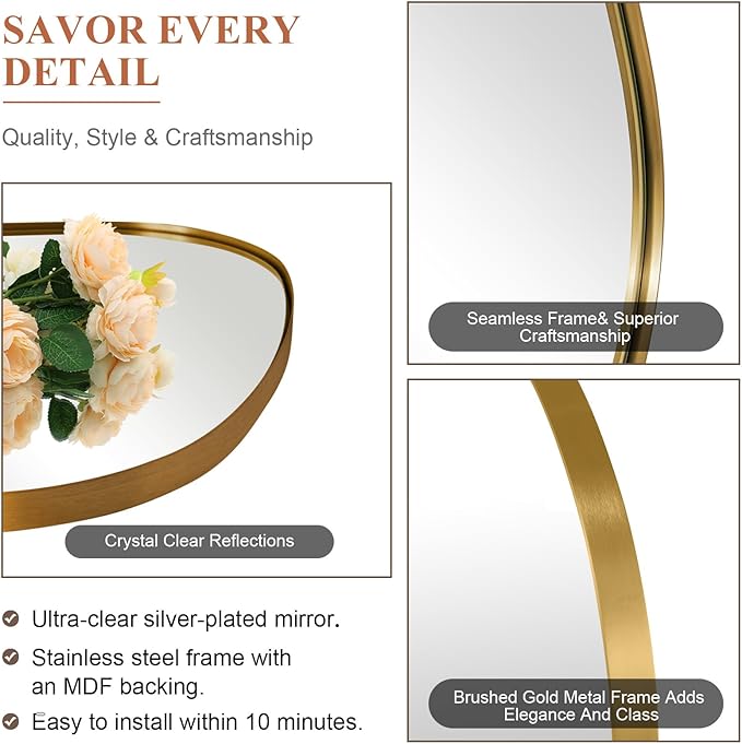 ANDY STAR 24"x40" Asymmetrical Wall Mirror，Brushed Gold Irregular Bathroom Mirror with Stainless Steel Metal Frame, Wall-Mounted Mirror for Bathroom, Entryway (Horizontal/Vertical)