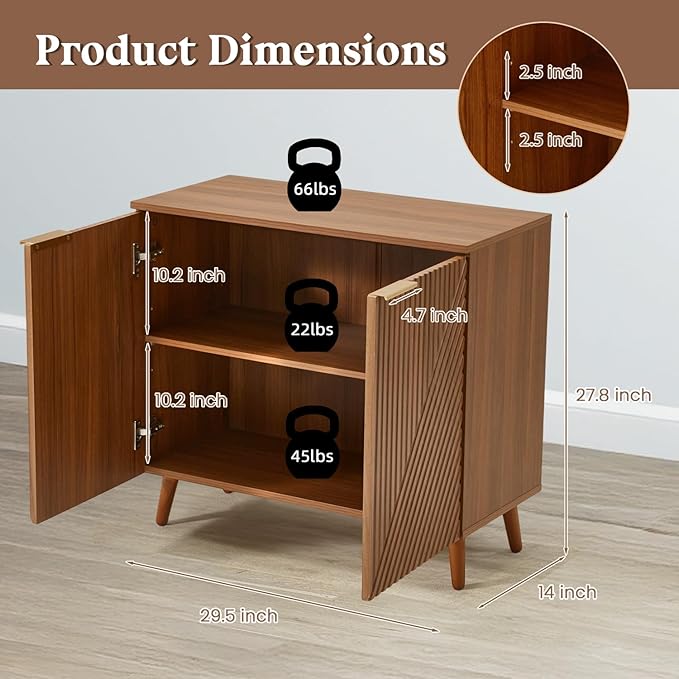 Fluted Storage Cabinet with Doors Set of 2, Wooden Sideboard Buffet Cabinet with Adjustable Shelves, Modern Accent Table for Living Room, Entryway, Brown