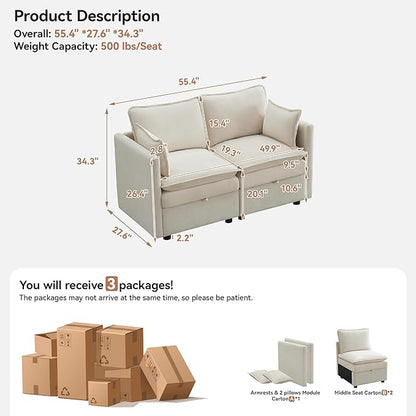 55" Cloud Modular Loveseat Sofa with Storage, Modern Upholstered Sofa Couch Small Love Seat，2 Seater Chenille Comfy Sectional Sofa with Armrests for Living Room, Small Space, Beige