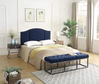 24KF Middle Century Linen Upholstered Tufted Queen Size Headboard with Antique Brass Nails Queen/Full headboard -Navy Blue