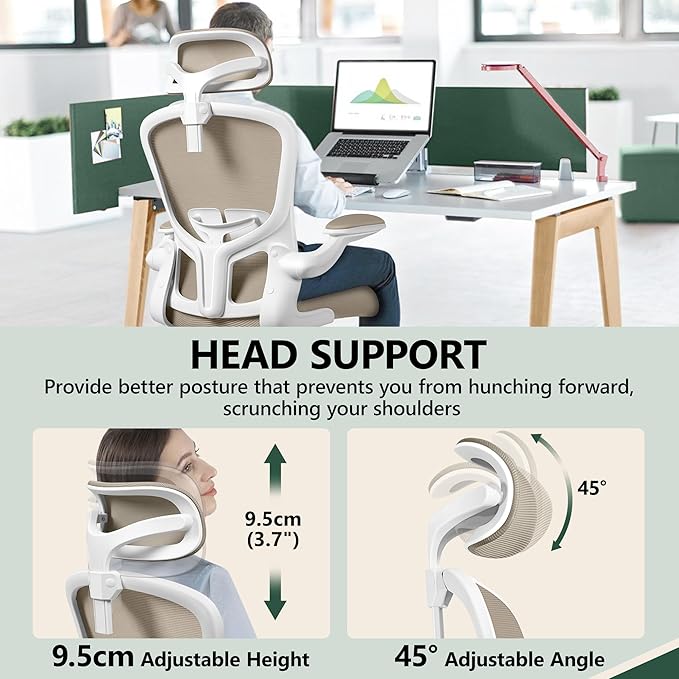 FelixKing Ergonomic Office Desk Chair with Headrest, Wheels, Adjustable Lumbar Support and Height, Swivel Comfy Task Chair with Flip-up Armrests, Ergo Mesh Backrest for Working (Khaki)