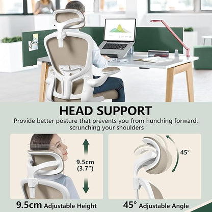 FelixKing Ergonomic Office Desk Chair with Headrest, Wheels, Adjustable Lumbar Support and Height, Swivel Comfy Task Chair with Flip-up Armrests, Ergo Mesh Backrest for Working (Khaki)