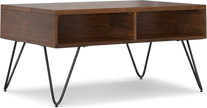 SIMPLIHOME Hunter Small Lift Top Coffee Table - 36 inch Wide Solid Walnut Veneer and Metal Industrial Cocktail Table, Living Room Table with Hidden Storage, 2 Cubbies, and Hairpin Legs