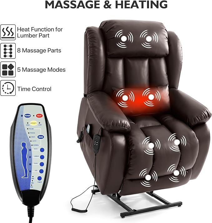 EDILLY Extra Large Power Lift Recliner Chairs for Elderly,Infinite Position Dual Motor Recliners Chair,with Heating and Massage, Breathable Leather,USB Ports Control(Brown)