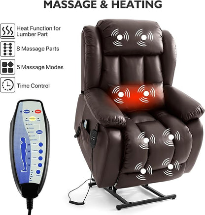EDILLY Extra Large Power Lift Recliner Chairs for Elderly,Infinite Position Dual Motor Recliners Chair,with Heating and Massage, Breathable Leather,USB Ports Control(Brown)