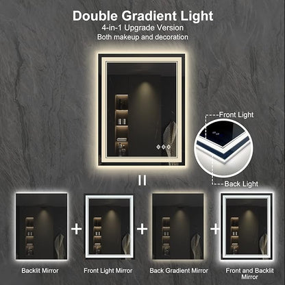 LED Bathroom Mirror, 24x32 Inch Gradient Front and Backlit LED Mirror for Bathroom, 3 Colors Dimmable CRI>90 Double Lights, IP54 Enhanced Anti-Fog, Hanging Plates Vanity Mirror with Lights