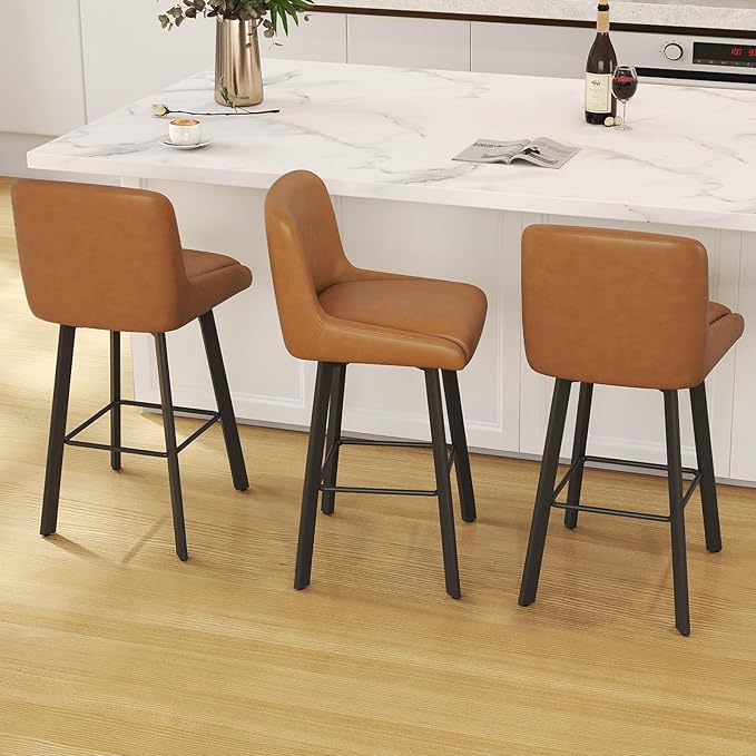 Swivel Counter Height Bar Stools Set of 4, 30''H Upholstered Barstools with Backs, Modern Bar Stool Chairs for Kitchen Island, Metal Legs, Faux Leather, Whiskey Brown Stools Counter Chair