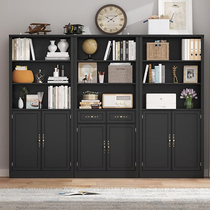 72'' Tall Bookcase with Doors and Drawers, Adjustable Shelves, P2 MDF Construction, 32'' Wide Freestanding Cabinet with Metal Handles, Hidden Storage for Living Room, Bedroom, Black