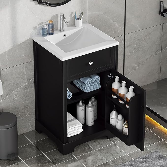 20" Bathroom Vanity with Sink, Wooden Bathroom Storage Cabinet with Soft Closing Door and Adjustable Shelve,Narrow Small Bathroom Cabinet for Small Space (20"× 18"×34"),Black