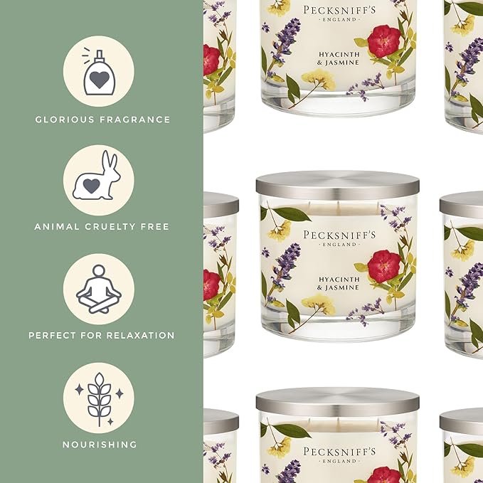 Pecksniff’s 3 Wick Candle – Jasmine & Hyacinth, 550 g / 19.4 oz – Long Lasting Burn, Elegant Home Decor & Relaxing Ambiance