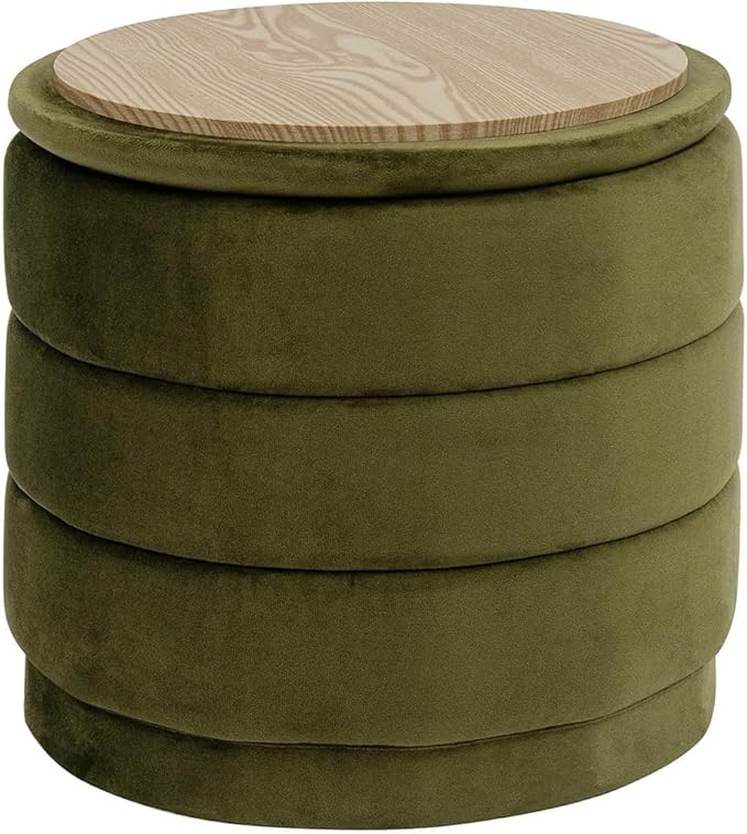 PINPLUS Round Velvet Ottoman Tray, Olive Green Upholstered Decorative Accent for Footstool or Coffee Table, Removable Serving Surface