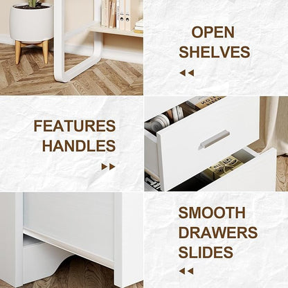 White Desk with 3 Drawers, 47 Inch Computer Desk with Drawers for Bedroom, Small Home Office Desk with File Cabinet, Bottom Shelves for Small Spaces