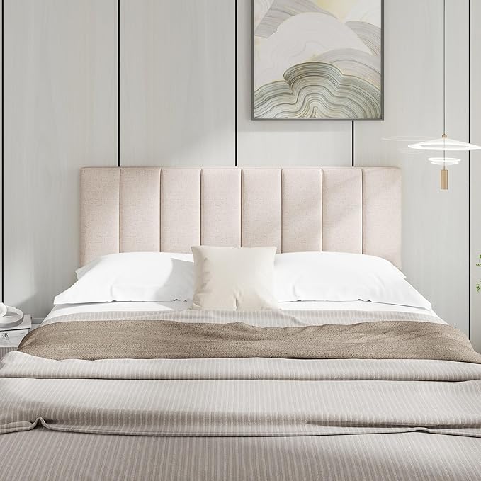 Giantex Linen Upholstered Headboard, Adjustable Width Vertical Channel Tufting Headboard Only with Solid Wood Legs, Attach Frame, Rectangular Headboards for Queen Full Bed, Beige