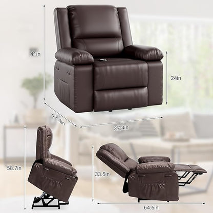 PU Leather Electric Power Lift Chair, Recliner Massage Chair with Remote Control and Side Pocket for Elderly, Power Lift Recliner Sofa with Heat and Massage for Living Room, Bedroom, Brown