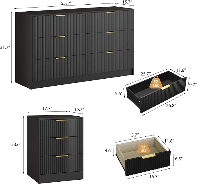 3-Piece Modern Bedroom Furniture Set, Wide 6-Drawer Dresser & 3-Drawer Nightstands Set of 2, Natural Wood Dresser and Nightstand Sets for Bedroom, Hallway, Black