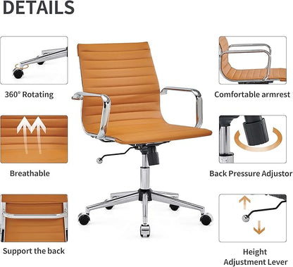 COROCC Office Desk Chair Modern Conference Room Task Chairs Leather Computer Swivel Excutive Ribbed Ergonomic Rolling Comfortable Chair for Home Office