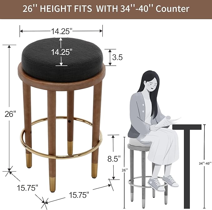 26'' Rustic Backless Bar Stools, Counter Height Chairs Set of 6, Round Kitchen Stools for Island, Farmhouse Charcoal Linen Upholstered Wood With Hardwood Legs and Footrest