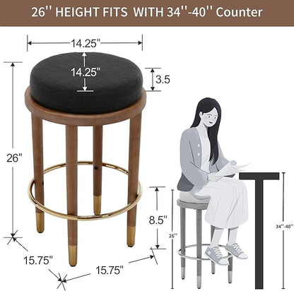 26’’ Rustic Backless Bar Stools with Hardwood Legs, Counter Height Stools Set of 4, Round Kitchen Barstools for Kitchen Island, Farmhouse Charcoal Linen Upholstered Wooden Stools with Footrest