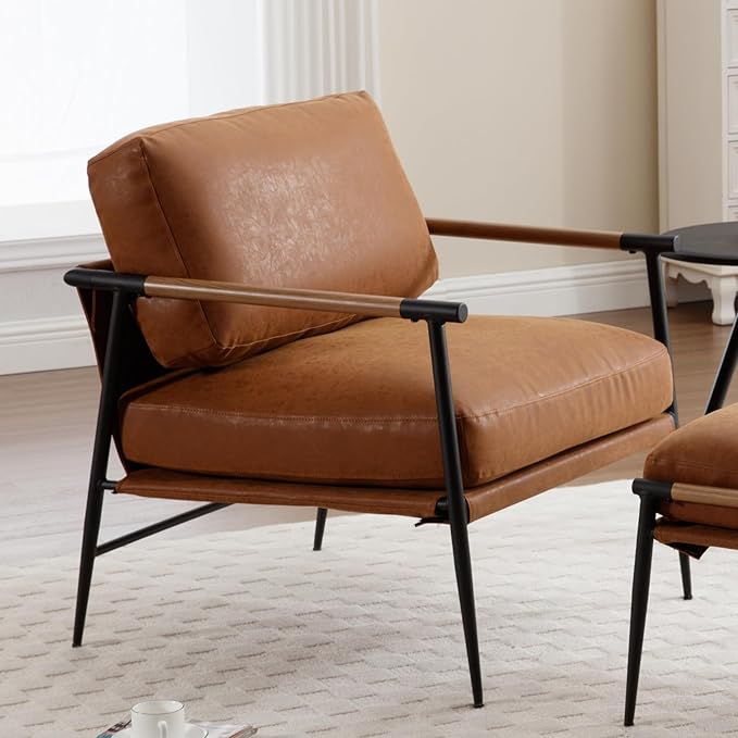 Mid-Century Accent Chair, Soft Armchair PU Leather Lounge Chair with Black Metal Legs, Upholstered Leisure Chair for Living Room Bedroom Reception Room, 1PC, Brown