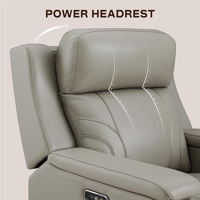 Watson & Whitely Genuine Leather Electric Recliner Chairs for Adults, Lay Flat Recliner with Power Headrest & Chargers for Living Room, Light Grey