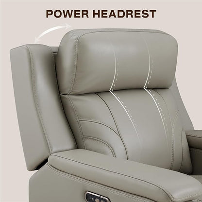 Watson & Whitely Genuine Leather Electric Recliner Chairs for Adults, Lay Flat Recliner with Power Headrest & Chargers for Living Room, Light Grey