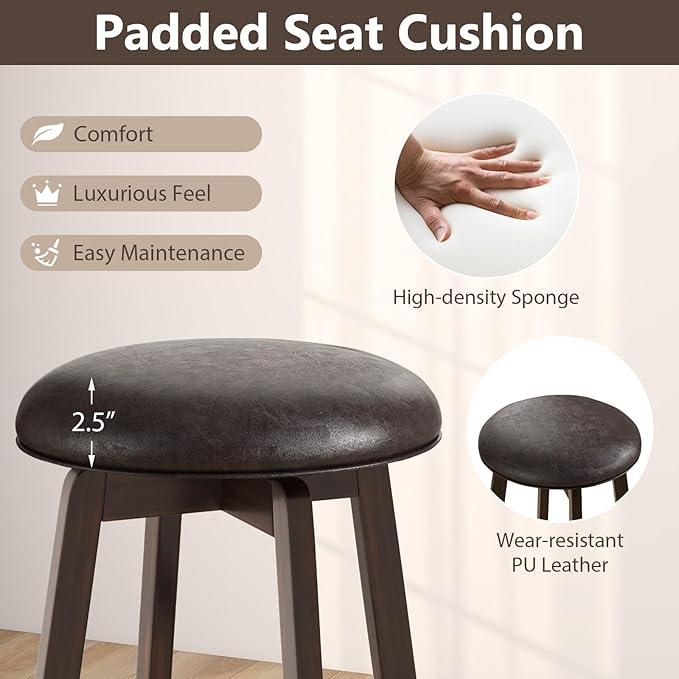 COSTWAY 24-Inch Swivel Bar Stools Set of 4, Upholstered Barstools w/PU Leather Seat & Solid Rubber Wood Legs, Mid-Century Backless Round Counter Height Stools w/Footrest for Kitchen Home Bar