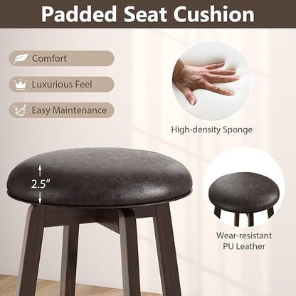 COSTWAY 24-Inch Swivel Bar Stools Set of 4, Upholstered Barstools w/PU Leather Seat & Solid Rubber Wood Legs, Mid-Century Backless Round Counter Height Stools w/Footrest for Kitchen Home Bar