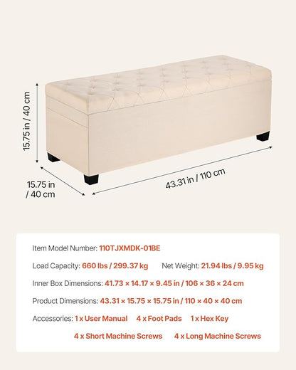 VEVOR Storage Ottoman Bench, End of Bed Bench with 2 Side Bags, Fabric Upholstered with Metal Frame, Toy Box Storage, Bed Benches for Foot of Bed, Bench for Entryway, Living Room, Playroom, Beige