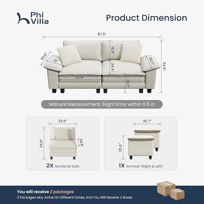 PHI VILLA Indoor Modular Couches Sets, 87.5" Sectional Loveseat Sofa with Upholstered Deep Seat, 2-Seater Comfy Couches for Living Room Bedroom, Chenille Fabric, Beige