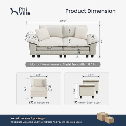 PHI VILLA Indoor Modular Couches Sets, 87.5" Sectional Loveseat Sofa with Upholstered Deep Seat, 2-Seater Comfy Couches for Living Room Bedroom, Chenille Fabric, Beige