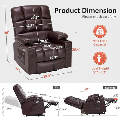 MCombo Large Dual Motor Power Lift Recliner Chair for Elderly, Massage and Heat, Lay Flat, Zero Gravity, Home Button, USB Port, Faux Leather 7680 (Light Brown, Large)