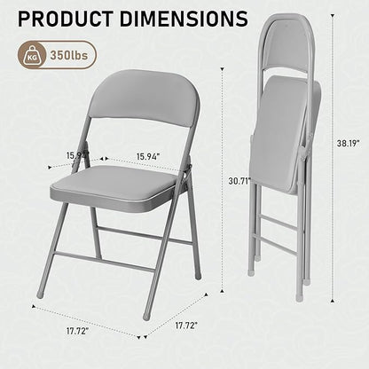SEALAMB 4 Pack Grey Folding Chairs with Padded Seats & Cushion, Durable Metal Foldable Chairs for Wedding Party, Commercial Chairs for Office School Church Events, 330lb Capacity (Grey-PU, 4 Pack)