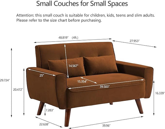 48" Small Loveseat Sofa, Mid Century Modern Love Seat Couch with Back Cushions and Plastic Legs, 2 Seater Couches for Living Room, Bedroom, Small Spaces, Orange
