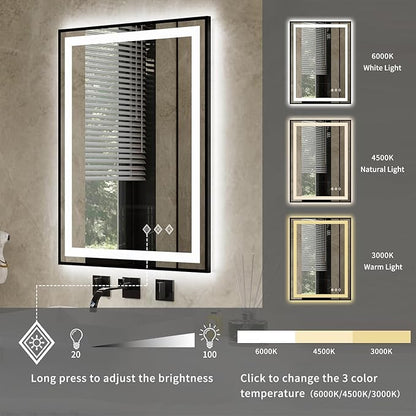 LED Bathroom Mirror, 24x32 Inch Black Framed Gradient Front and Backlit LED Mirror for Bathroom, 3 Colors Dimmable CRI>90, Enhanced Anti-Fog Wall Mounted Lighted Vanity Mirror
