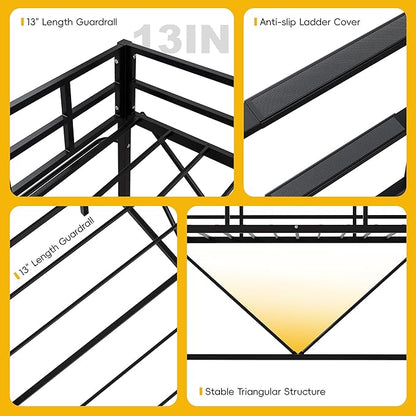 Loft Bed Twin,Loft Bed with Built-in Power Outlet LED Lights,Clothing Hanger,Storage Pouch,Heavy Duty Metal Safety Guard Rail for Kids Teens Adults,No Box Spring Needed,Black