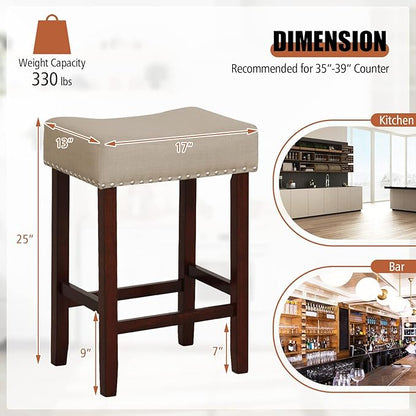 COSTWAY Counter Height Bar Stools Set of 2, 25-inch Backless Saddle Stools with Nailhead Trim, Rubber Wood Frame, Footrest, Max Load 330 Lbs, Upholstered Barstools for Kitchen Island Pub, Beige
