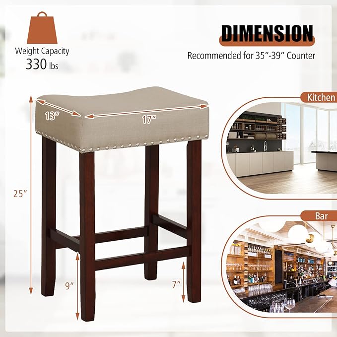 COSTWAY Counter Height Bar Stools Set of 4, 25-inch Backless Saddle Stools with Nailhead Trim, Rubber Wood Frame, Footrest, Max Load 330 Lbs, Upholstered Barstools for Kitchen Island Pub, Beige