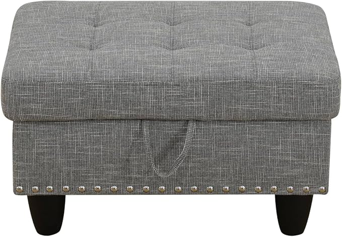 Linen Fabric Storage Ottoman with Nailhead Trim, 28.5"X19.5"X17.5" Footrest Stool, Hidden Storage Foot Stool for Living Room, Bedroom Furniture, Ash-Brown